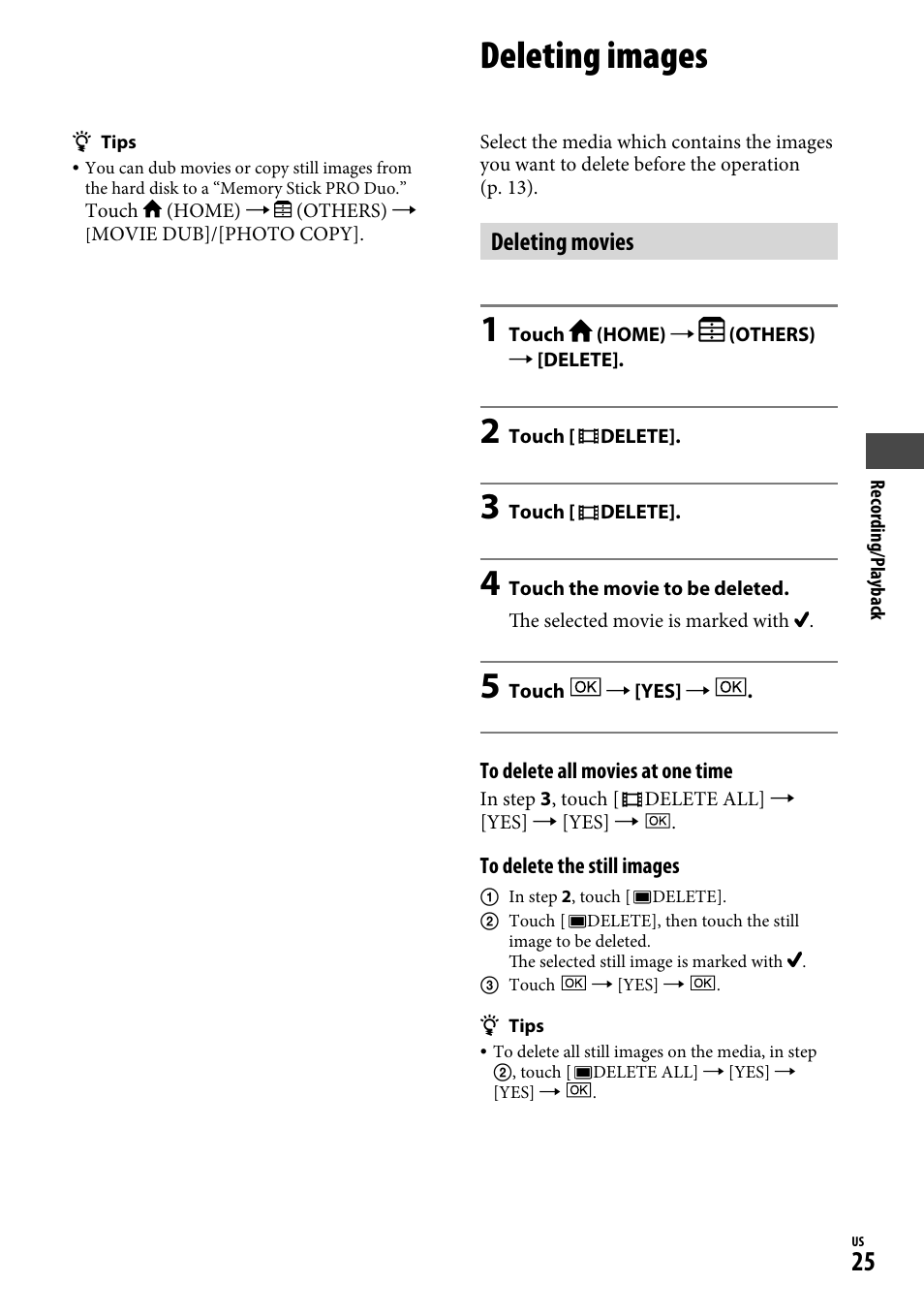 Deleting images, Deleting movies | Sony DCR-SR65 User Manual | Page 25 / 68