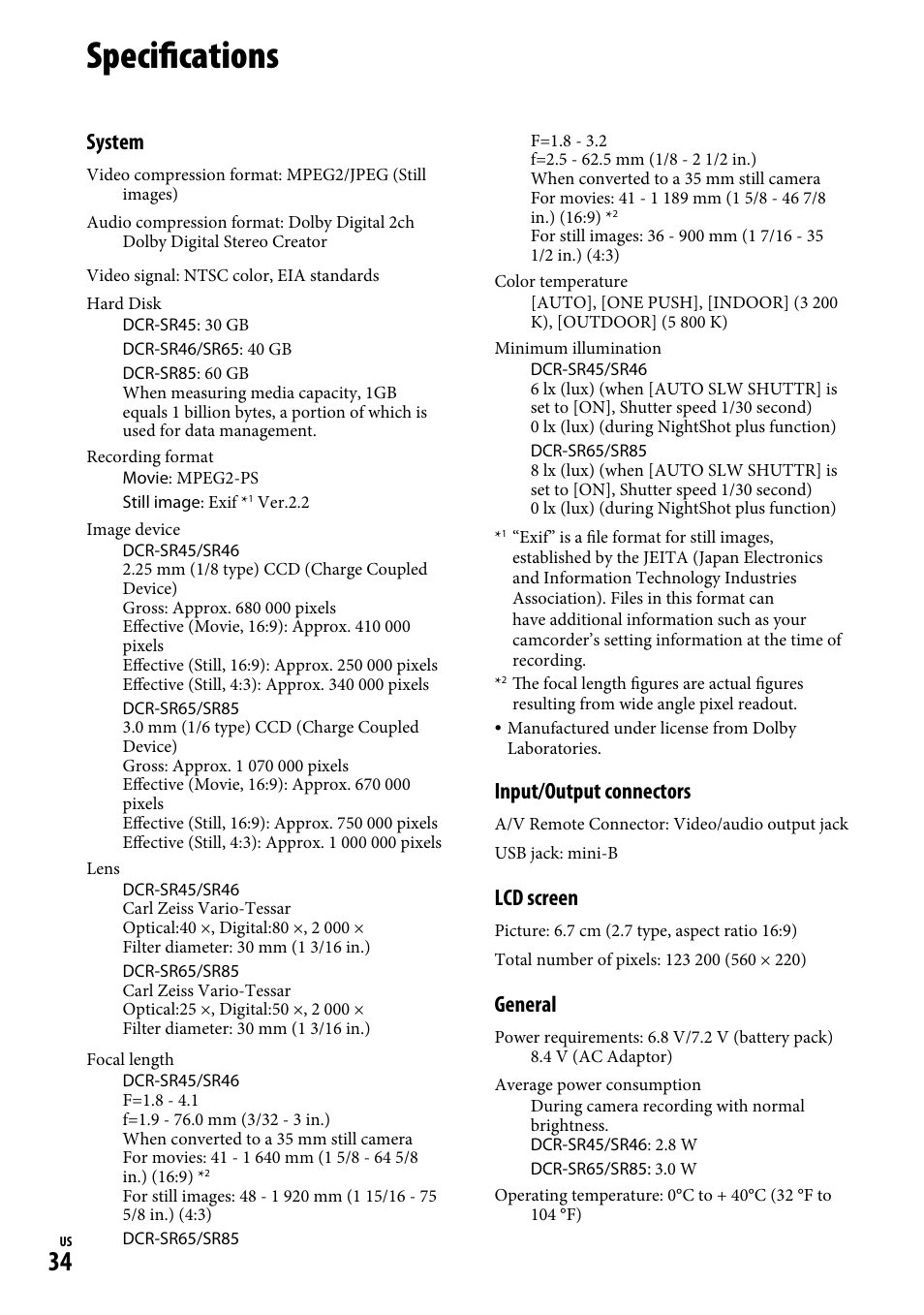 Specifications, System, Input/output connectors | Lcd screen, General | Sony DCR-SR65 User Manual | Page 34 / 68