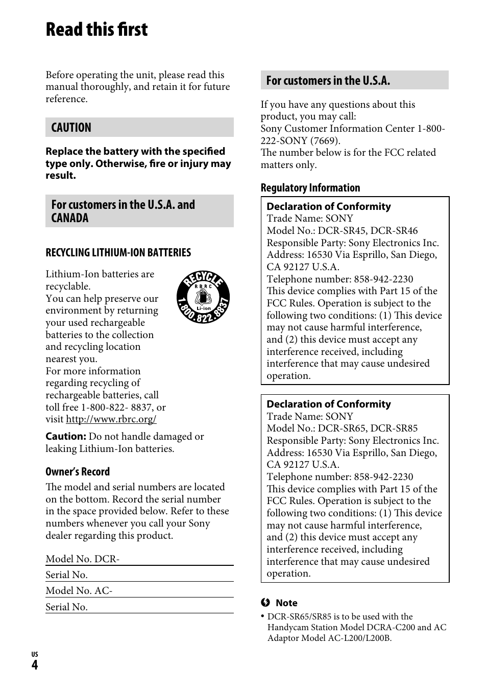 Read this first, Caution, For customers in the u.s.a. and canada | For customers in the u.s.a | Sony DCR-SR65 User Manual | Page 4 / 68