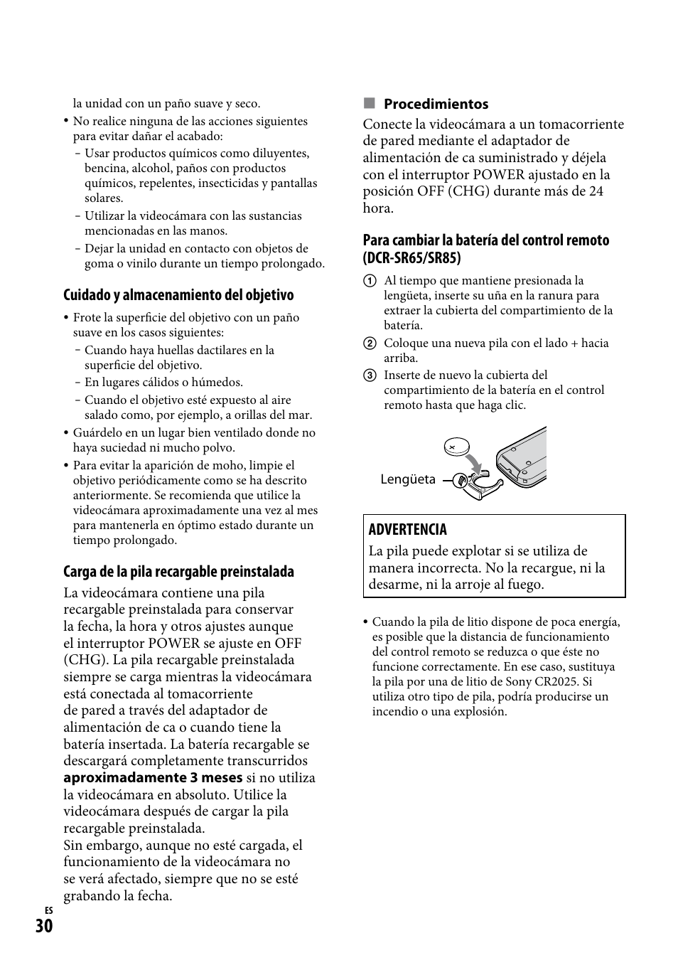 Cuidado y almacenamiento del objetivo, Carga de la pila recargable preinstalada, Advertencia | Sony DCR-SR65 User Manual | Page 64 / 68