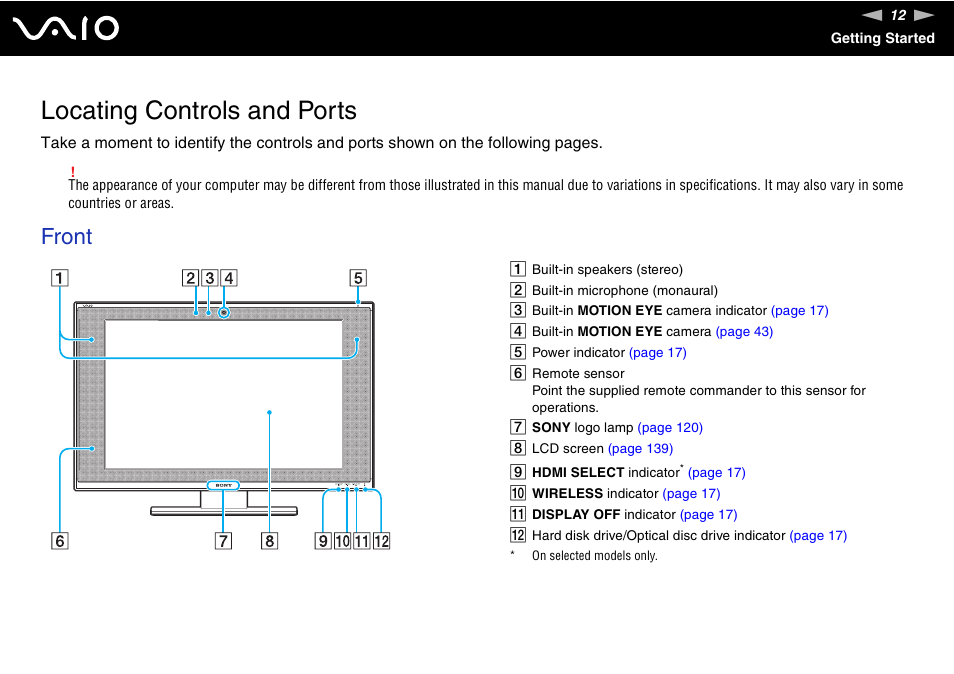 Locating controls and ports, Front | Sony VGC-LV170J User Manual | Page 12 / 208