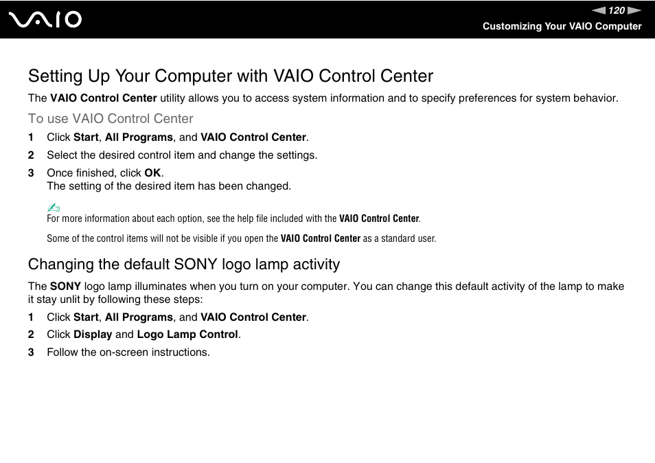 Setting up your computer with vaio control center, Changing the default sony logo lamp activity | Sony VGC-LV170J User Manual | Page 120 / 208