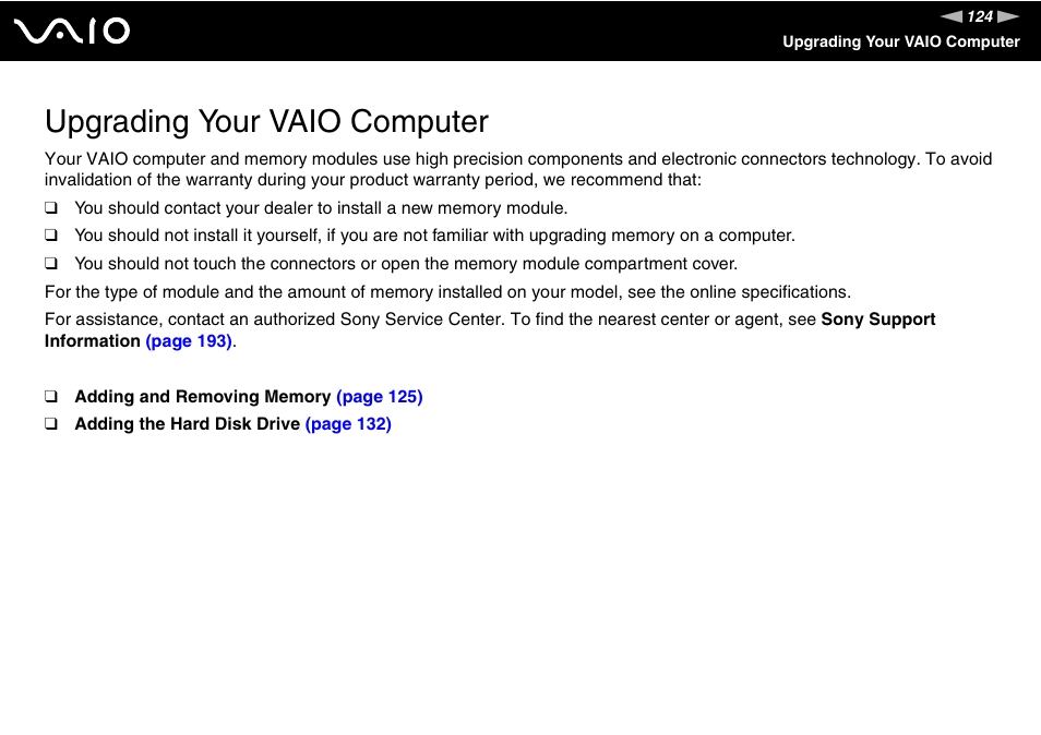 Upgrading your vaio computer | Sony VGC-LV170J User Manual | Page 124 / 208