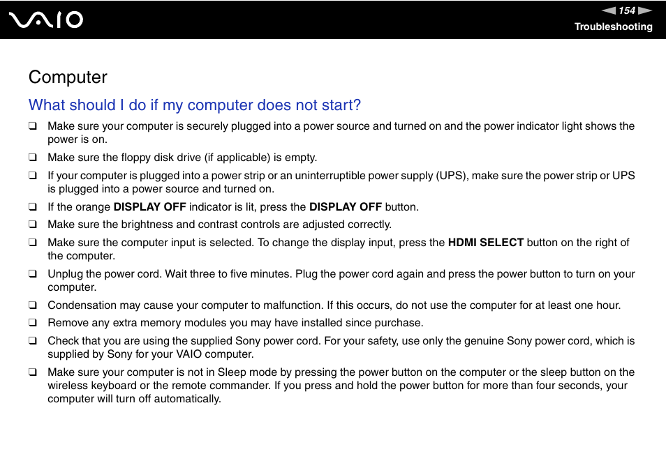 Computer, What should i do if my computer does not start | Sony VGC-LV170J User Manual | Page 154 / 208