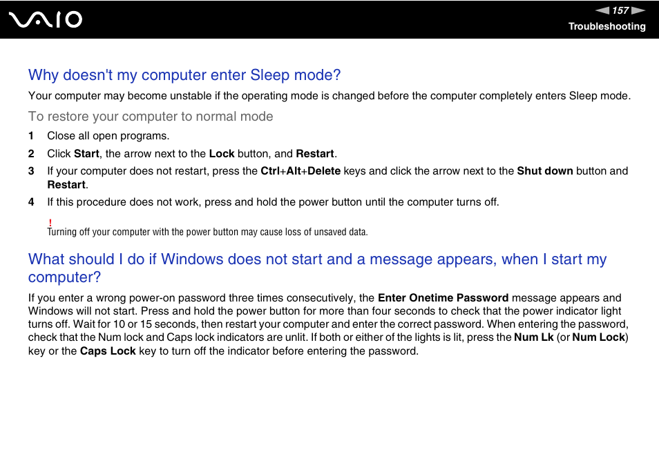 Why doesn't my computer enter sleep mode | Sony VGC-LV170J User Manual | Page 157 / 208