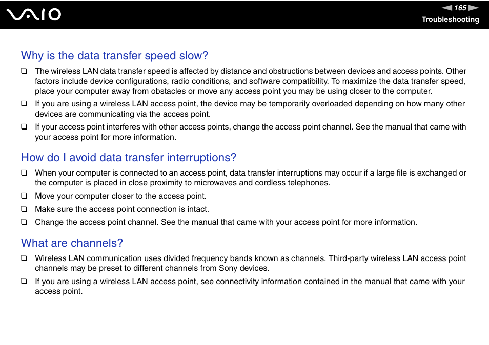 Why is the data transfer speed slow, How do i avoid data transfer interruptions, What are channels | Sony VGC-LV170J User Manual | Page 165 / 208