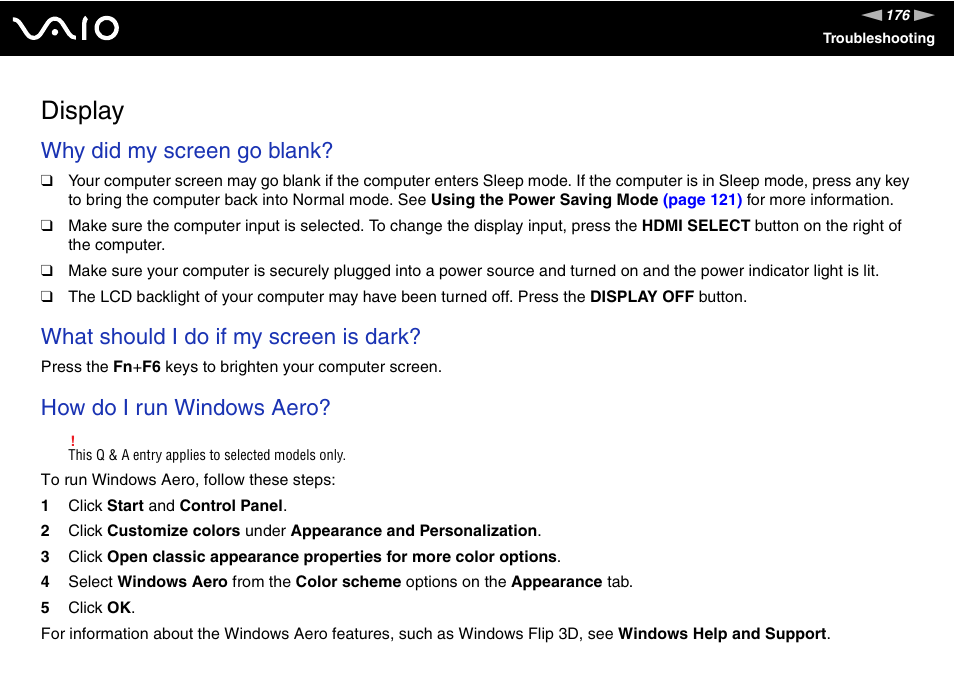 Display, Why did my screen go blank, What should i do if my screen is dark | How do i run windows aero | Sony VGC-LV170J User Manual | Page 176 / 208