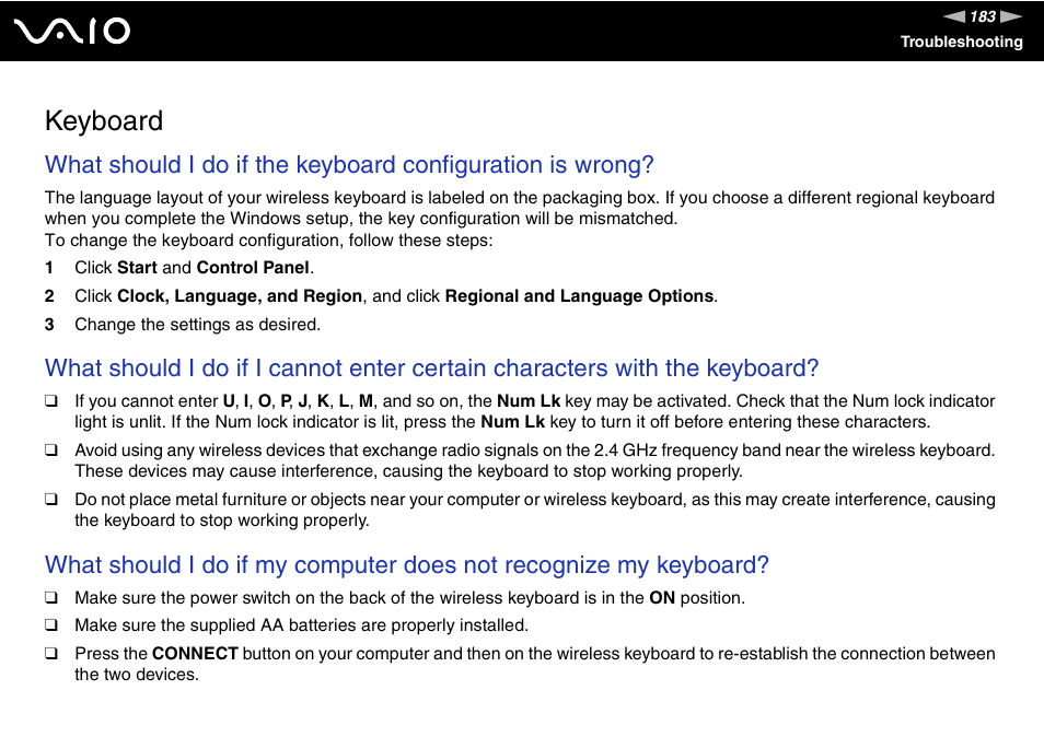 Keyboard | Sony VGC-LV170J User Manual | Page 183 / 208