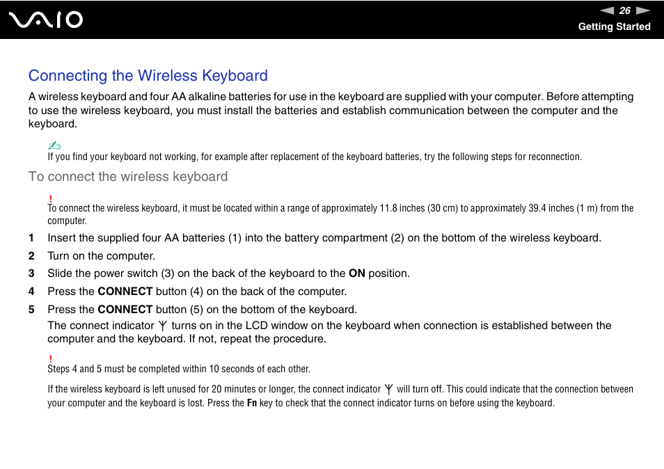 Connecting the wireless keyboard | Sony VGC-LV170J User Manual | Page 26 / 208