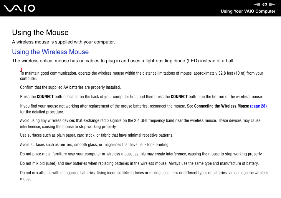 Using the mouse, Using the wireless mouse | Sony VGC-LV170J User Manual | Page 40 / 208