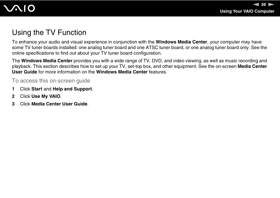 Using the tv function | Sony VGC-LV170J User Manual | Page 56 / 208