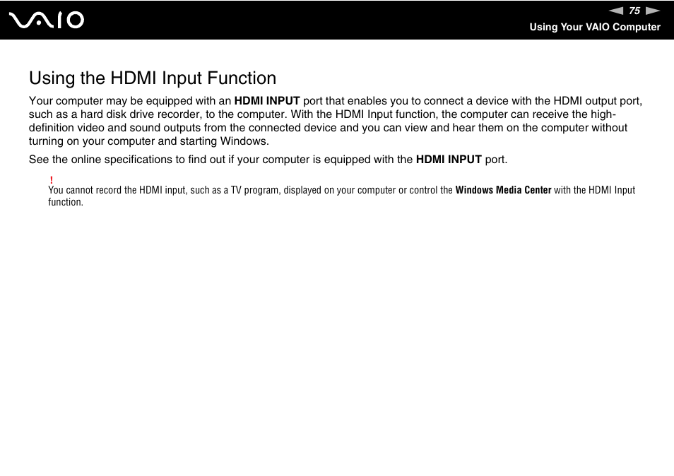 Using the hdmi input function | Sony VGC-LV170J User Manual | Page 75 / 208