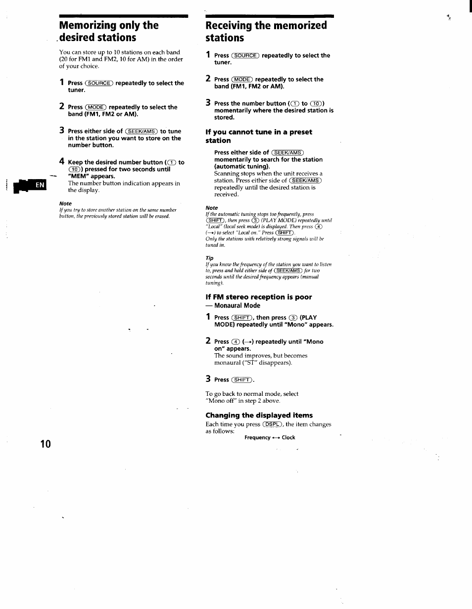Memorizing only the desired stations, Receiving the memorized stations, If you cannot tune in a preset station | If fm stereo reception is poor, Monaural mode, Changing the displayed items | Sony CDX-C860 User Manual | Page 10 / 35