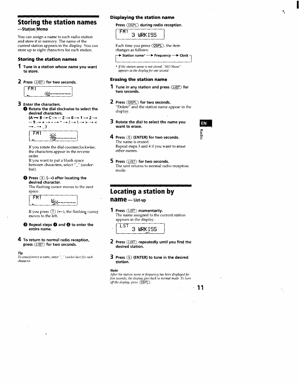 Storing the station names, Displaying the station name, Erasing the station name | Locating a station by, Name—list up, Locating a station by name—list up | Sony CDX-C860 User Manual | Page 11 / 35