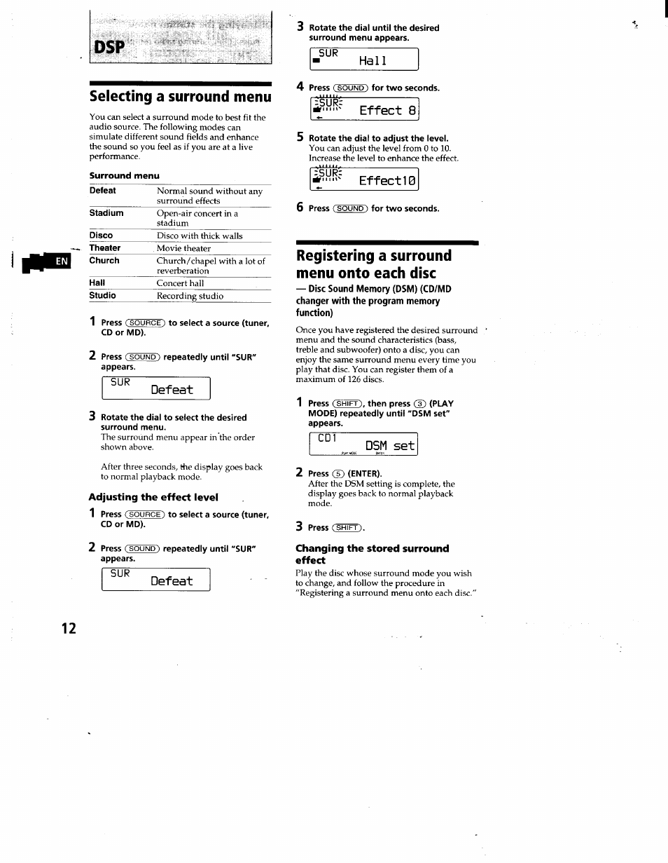 Selecting a surround menu, Defeat, Adjusting the effect level | Hall, Effect 8, Effect 10, Registering a surround menu onto each disc, Dsm set, Changing the stored surround effect, Defeat 3 | Sony CDX-C860 User Manual | Page 12 / 35
