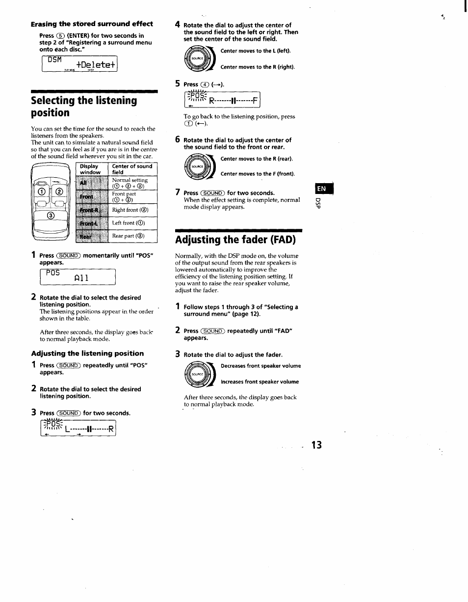 Erasing the stored surround effect, Delete, Selecting the listening position | Fill, Adjusting the listening position, Adjusting the fader (fad), Fill 2, P0sr, Mu' d, 0)(m | Sony CDX-C860 User Manual | Page 13 / 35