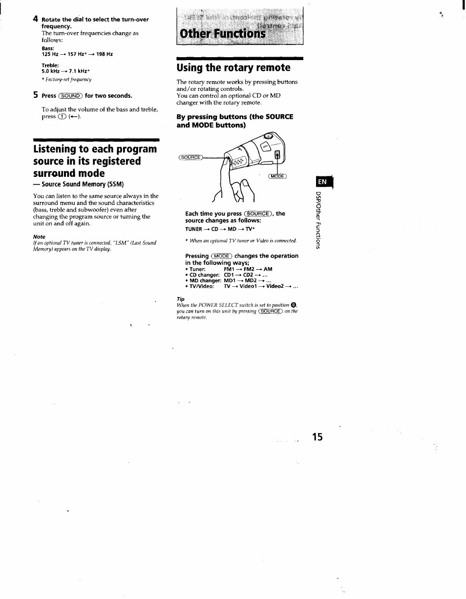 5 press (sound) for two seconds, Source sound memory (ssm), Using the rotary remote | By pressing buttons (the source and mode buttons), Disc sound memory (dsm), Other functions, 3* fd | Sony CDX-C860 User Manual | Page 15 / 35