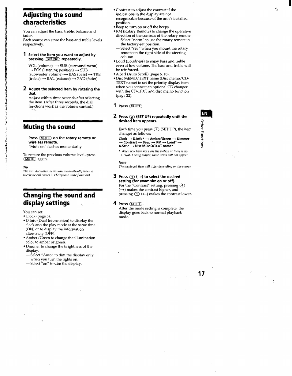 Adjusting the sound characteristics, Muting the sound, Changing the sound and dispiay settings | Changing the sound and display settings, Shift) | Sony CDX-C860 User Manual | Page 17 / 35