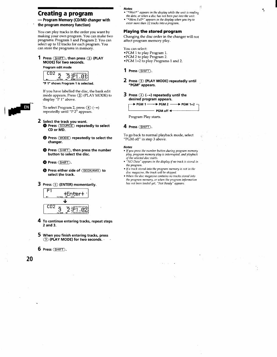 Creating a program, Playing the stored program, Enter | 3 2:p1.02 | Sony CDX-C860 User Manual | Page 20 / 35