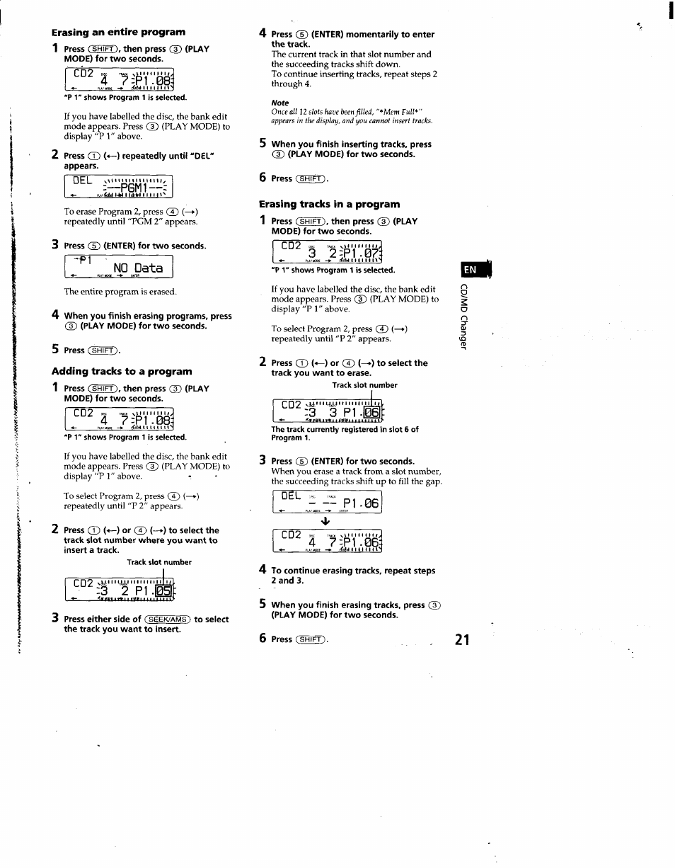 Erasing an entire program, P1 .08, No data | Adding tracks to a program, Erasing tracks in a program, 2;p1 .0, Cd2 yil'y, 3 3 pi .ii, Pi.06, 3 2 pi .|h | Sony CDX-C860 User Manual | Page 21 / 35