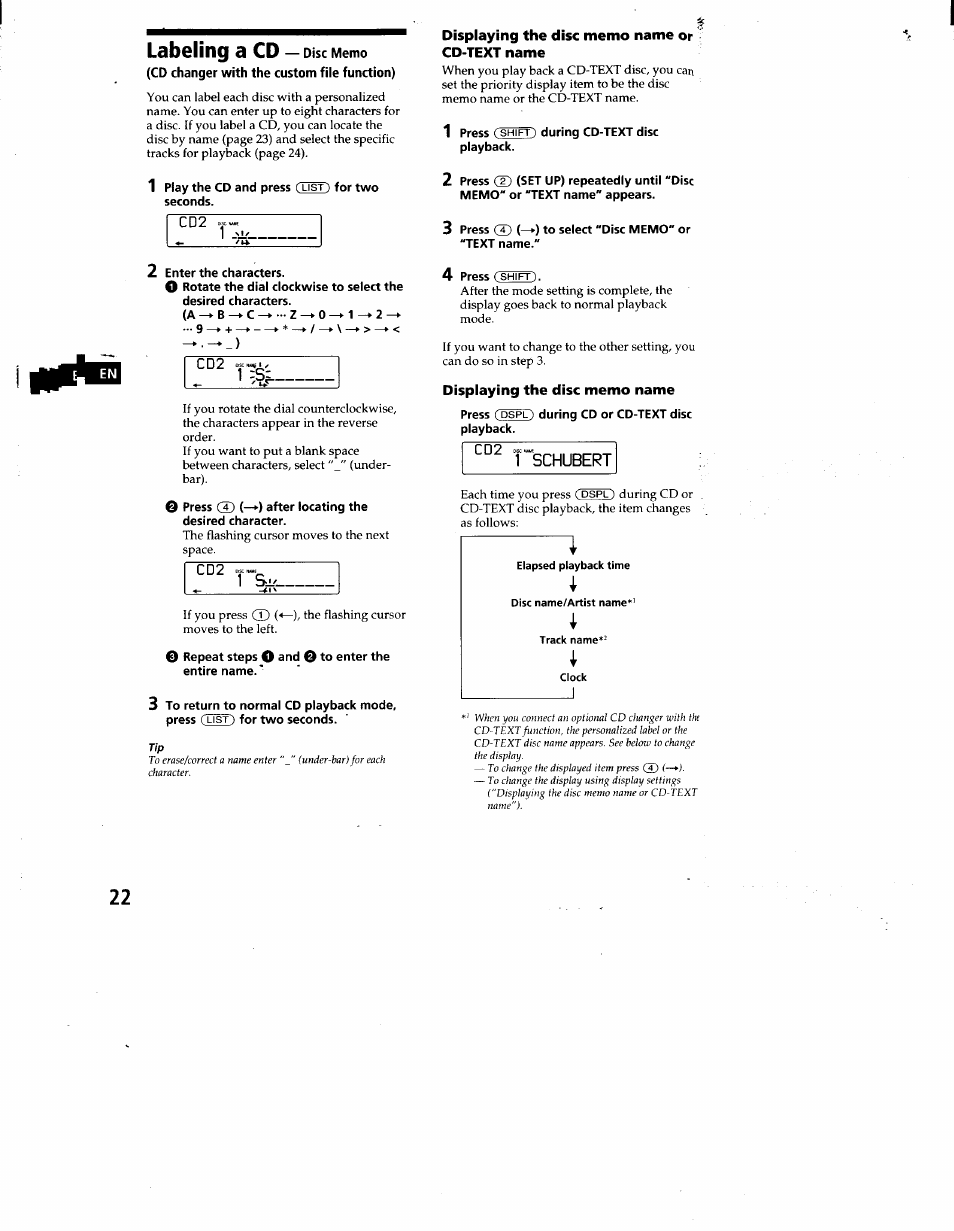 Labeling a cd — disc memo, Cd changer with the custom file function), Displaying the disc memo name or ' cd-text name | Displaying the disc memo name, 1 schubert | Sony CDX-C860 User Manual | Page 22 / 35