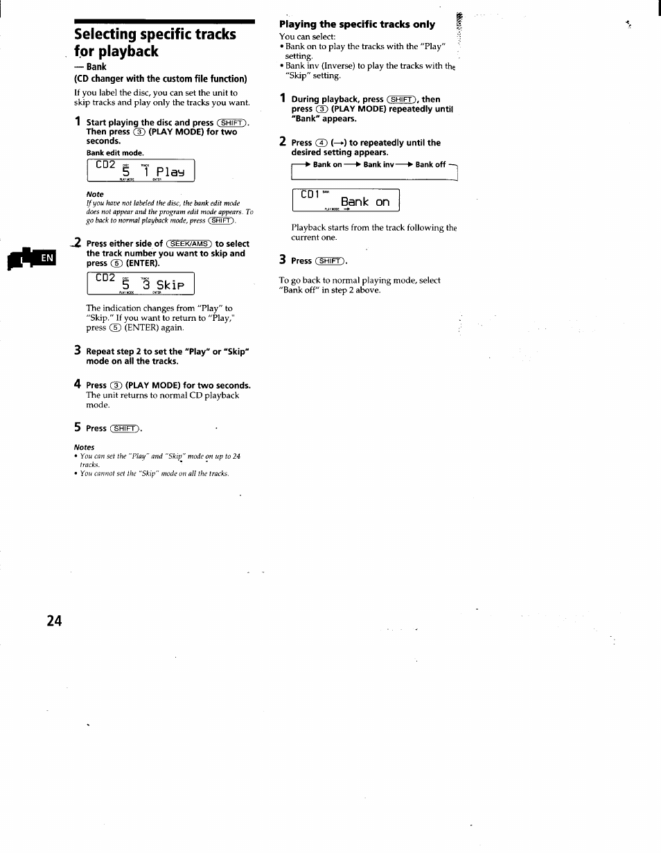 Selecting specific tracks for playback, Bank, Cd changer with the custom file function) | 5 3 skip, 4 press cd (play mode) for two seconds, Playing the specific tracks oniy, Bank on, 5 1 play | Sony CDX-C860 User Manual | Page 24 / 35