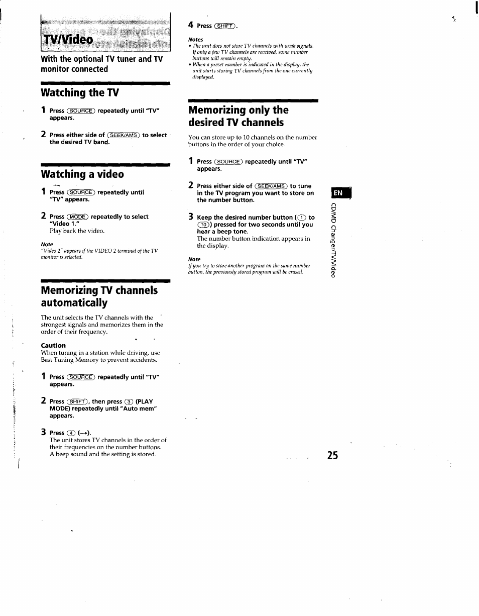 Memorizing tv channels automatically, 1 press (source) repeatedly until "tv" appears, 3 press (p (—►) | Memorizing tv chaimels automatically, Tv/video, Tod), On d | Sony CDX-C860 User Manual | Page 25 / 35