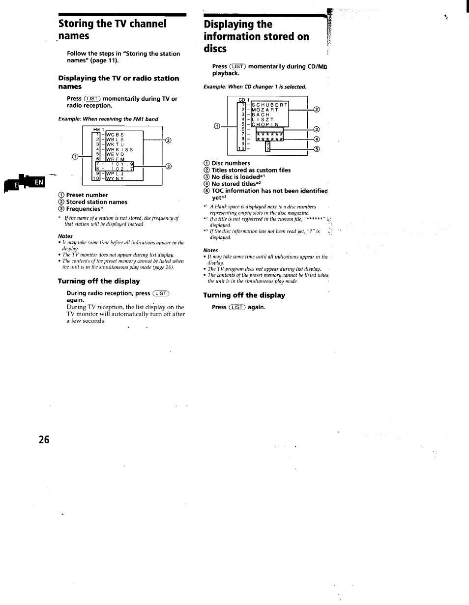 Storing the tv channel names, Displaying the tv or radio station names, Turning off the display | Displaying the information stored on discs, Press (list) momentarily during cd/md playback, Storing the, Chaimel names | Sony CDX-C860 User Manual | Page 26 / 35