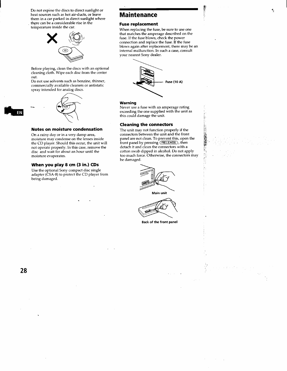 Notes on moisture condensation, When you play 8 cm (3 in.) cds, Maintenance | Fuse replacement, Cleaning the connectors | Sony CDX-C860 User Manual | Page 28 / 35