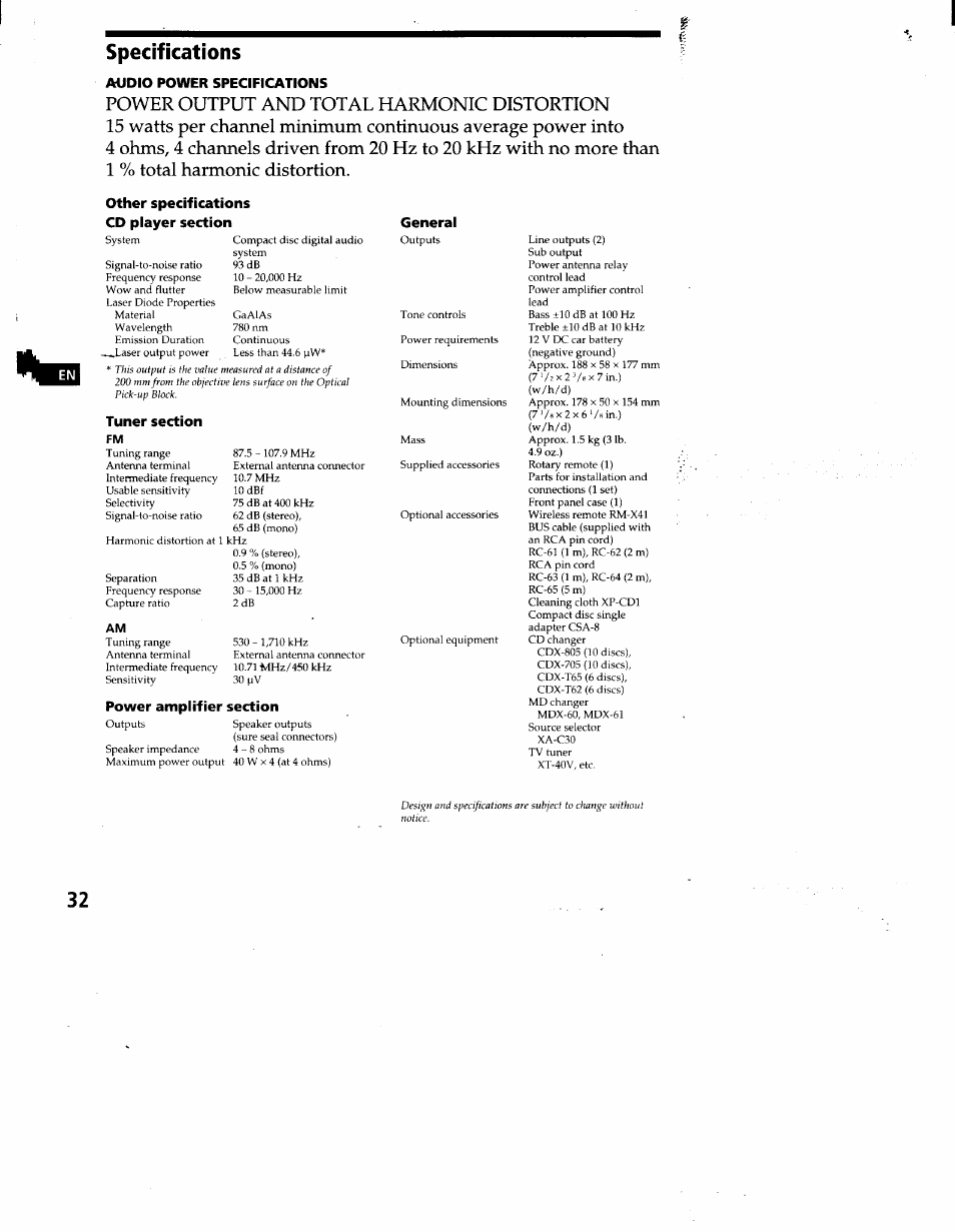 Specifications, Audio power specifications, Other specifications cd player section | This output is the value measured at a distance of | Sony CDX-C860 User Manual | Page 32 / 35