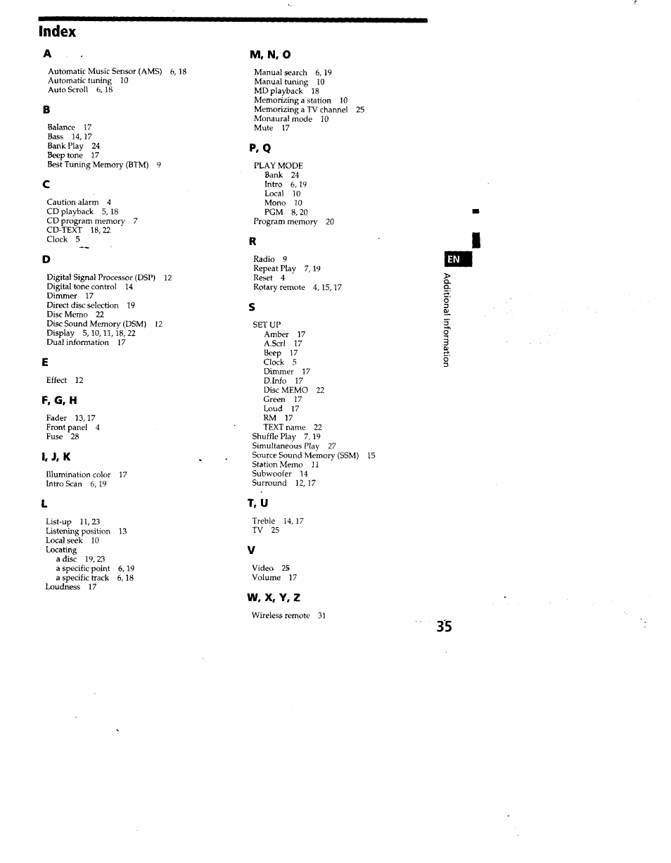 Index, M, n, 0, F, g, h | W. x, y, z | Sony CDX-C860 User Manual | Page 35 / 35