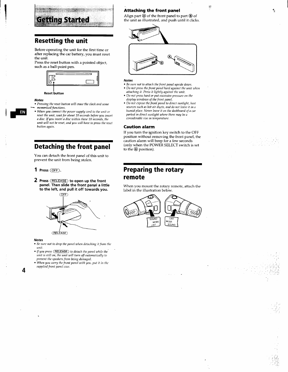 Resetting the unit, Detaching the front panel, 1 press foff) | Attaching the front panel, Caution alarm, Preparing the rotary remote, Getting started | Sony CDX-C860 User Manual | Page 4 / 35