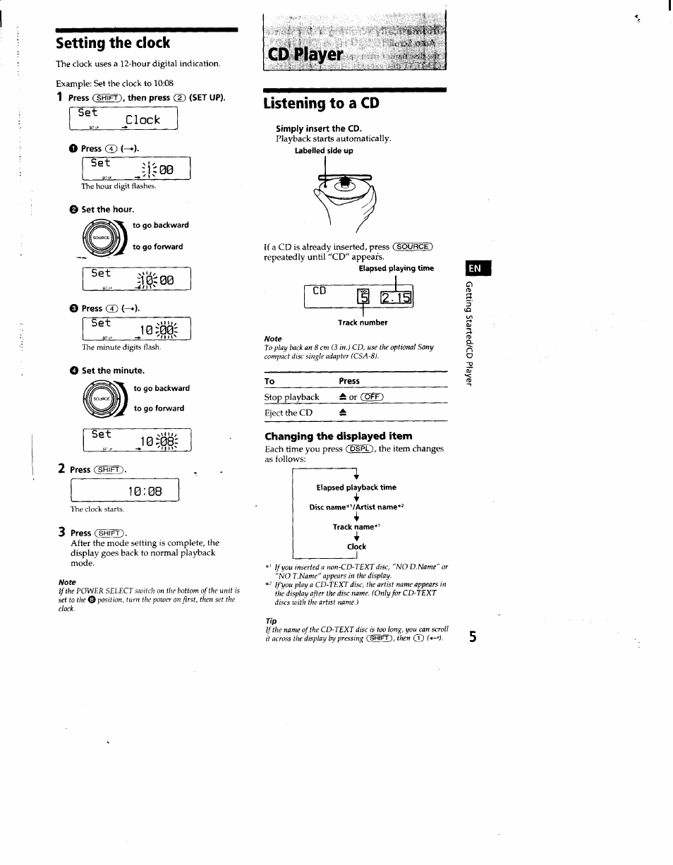 Setting the dock, Clock, O press ® (—►) | O set the hour, O set the minute, Listening to a cd, Simply insert the cd, Changing the displayed item, Setting the clock, Cd player | Sony CDX-C860 User Manual | Page 5 / 35