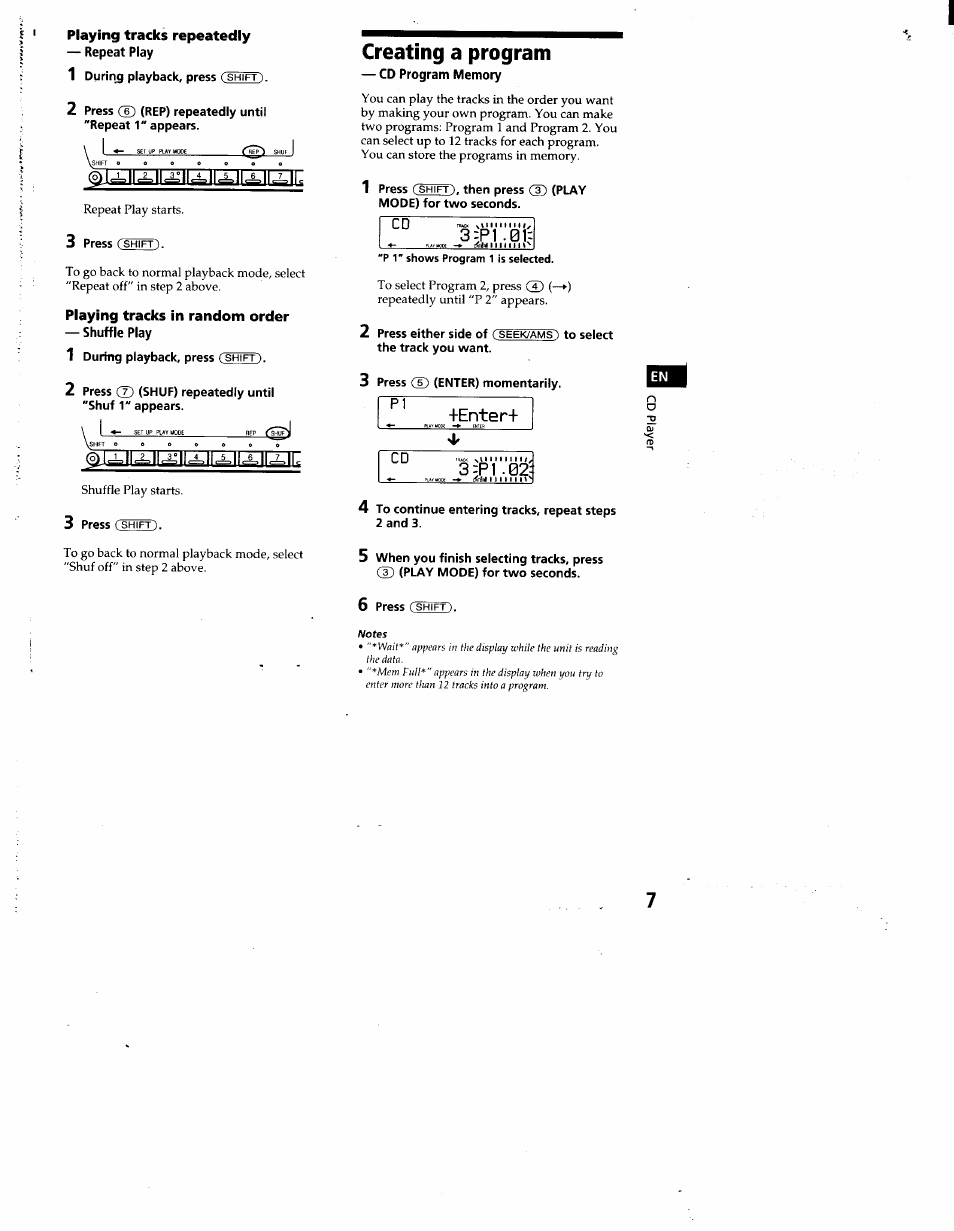 Playing tracks repeatedly, Repeat play, Playing tracks in random order | Shuffle play, Creating a program, Cd program memory, P1 .01, Enter, P1 .02, Na 2 at '< if | Sony CDX-C860 User Manual | Page 7 / 35