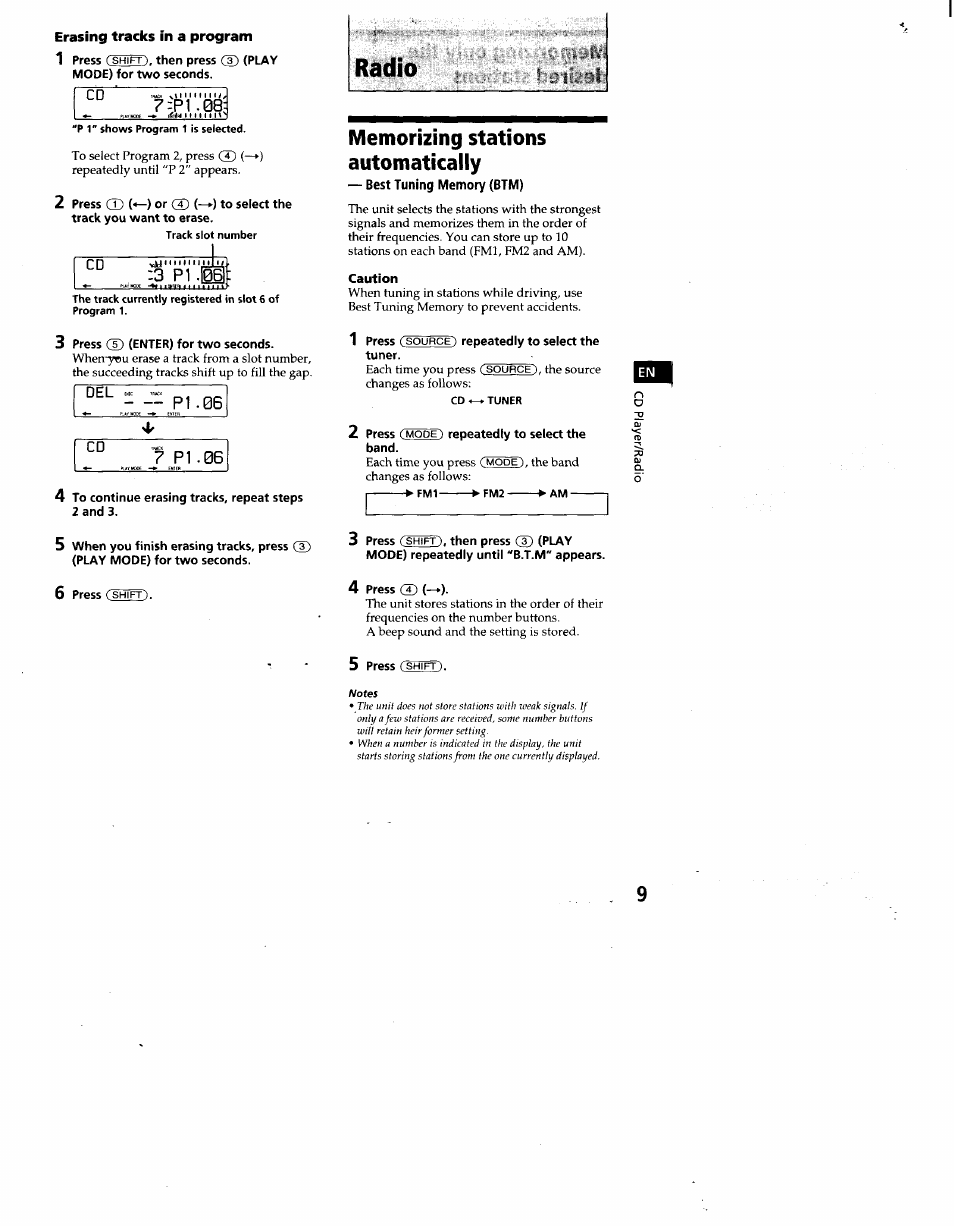 Erasing tracks in a program, P1 .08, 3 pi -m | Pi.06, 7 pi.06, Memorizing stations automatically, Best tuning memory (btm), Ràdio, 3 pi, Pi.06 4 | Sony CDX-C860 User Manual | Page 9 / 35