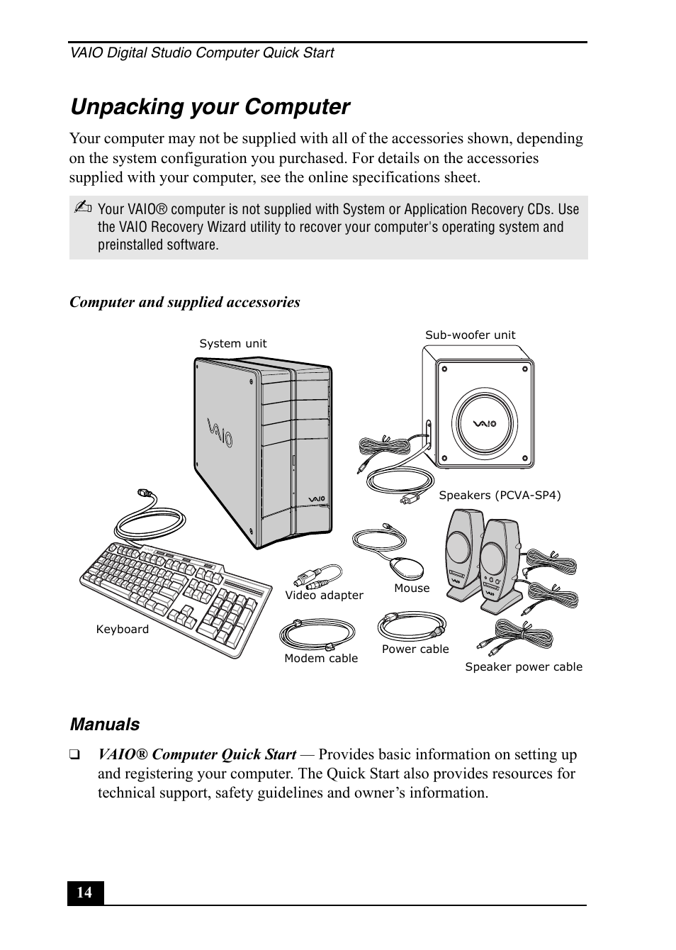 Unpacking your computer, Manuals | Sony PCV-RZ40C User Manual | Page 14 / 52