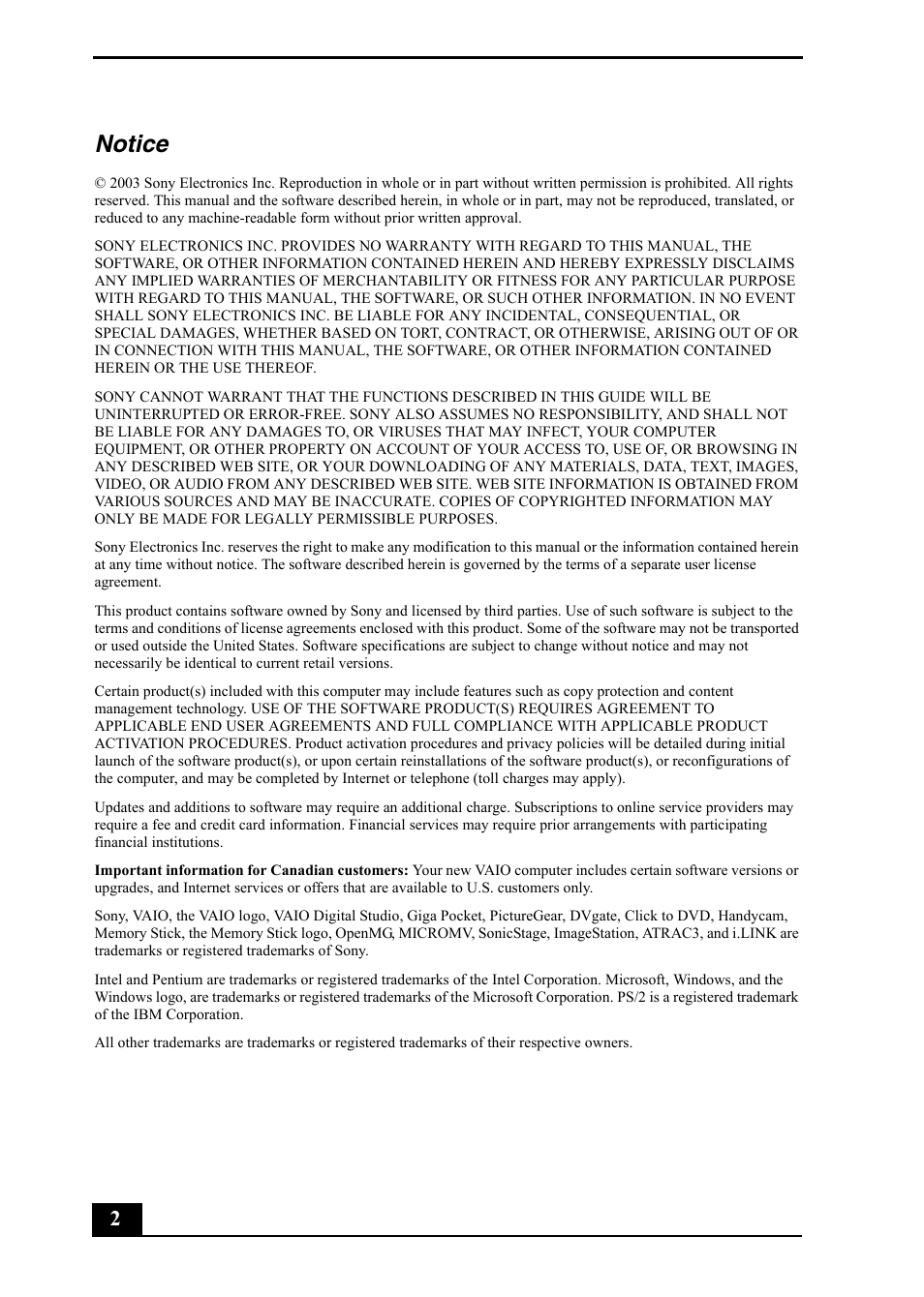 Notice | Sony PCV-RZ40C User Manual | Page 2 / 52