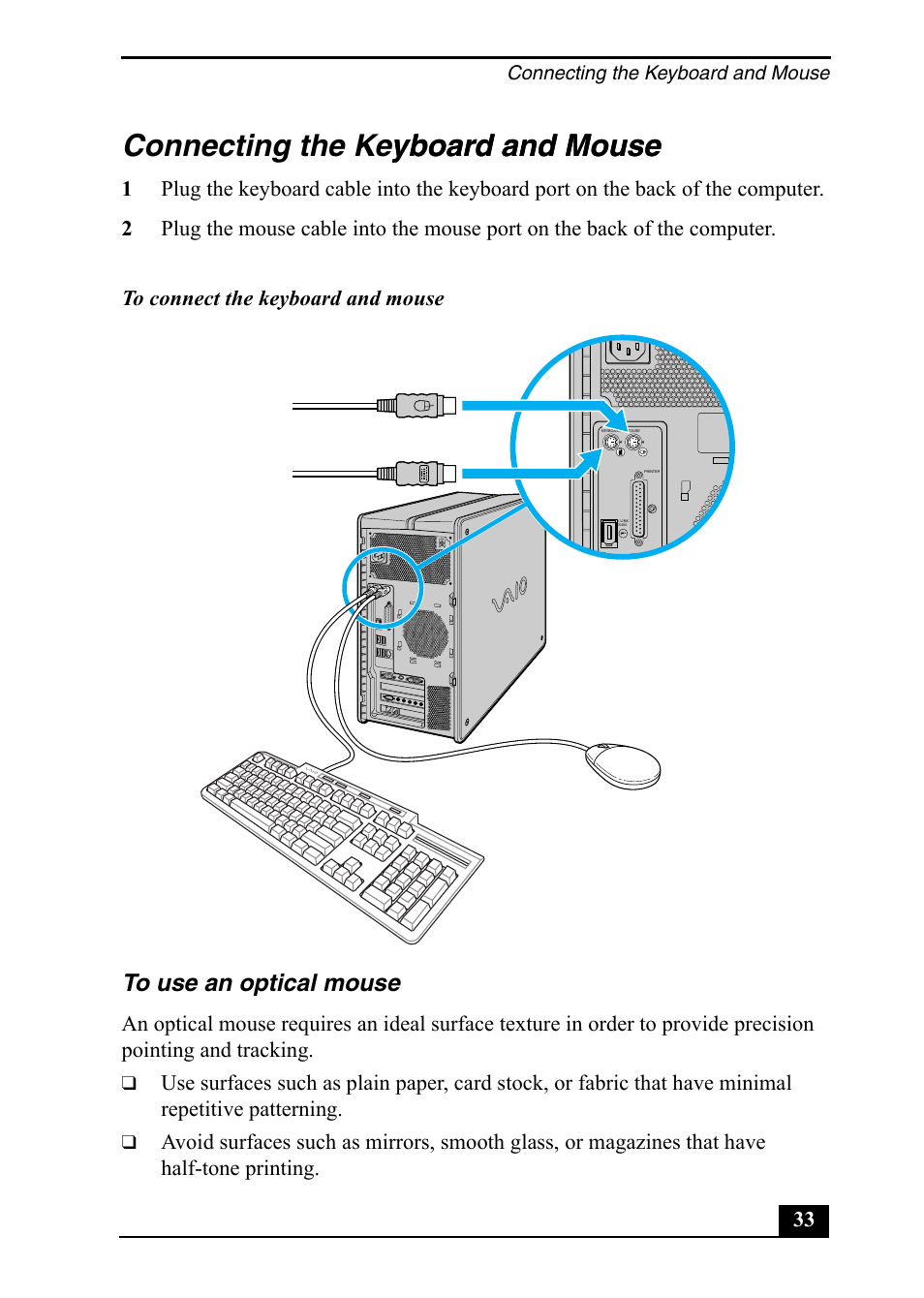 Connecting the keyboard and mouse yboard and mouse | Sony PCV-RZ40C User Manual | Page 33 / 52