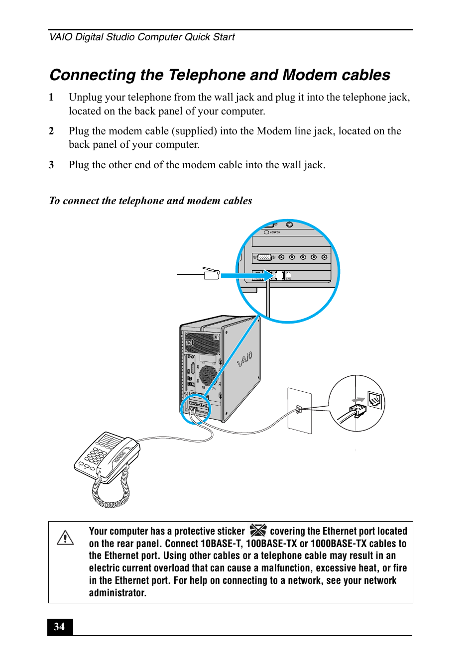 Connecting the telephone and modem cables | Sony PCV-RZ40C User Manual | Page 34 / 52