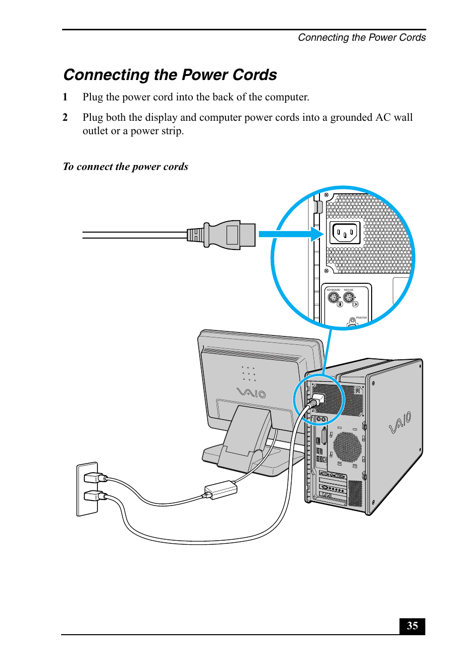 Connecting the power cords | Sony PCV-RZ40C User Manual | Page 35 / 52