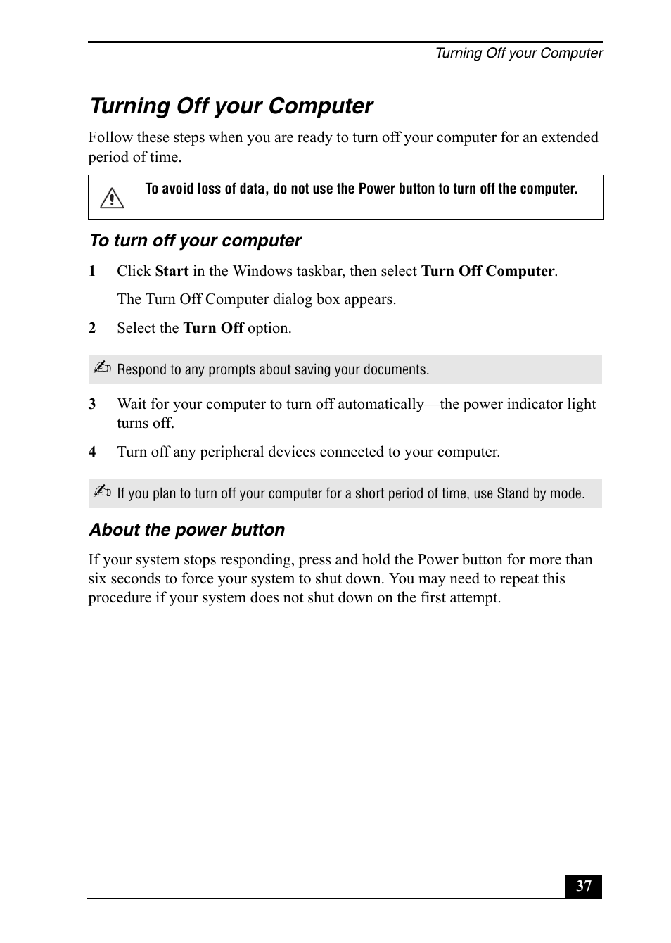 Turning off your computer | Sony PCV-RZ40C User Manual | Page 37 / 52