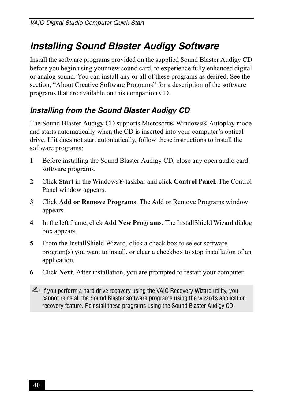 Installing sound blaster audigy software ware | Sony PCV-RZ40C User Manual | Page 40 / 52