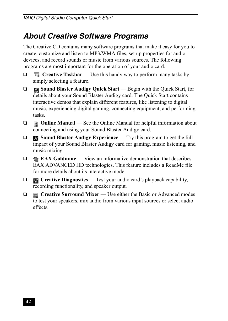 About creative software programs | Sony PCV-RZ40C User Manual | Page 42 / 52