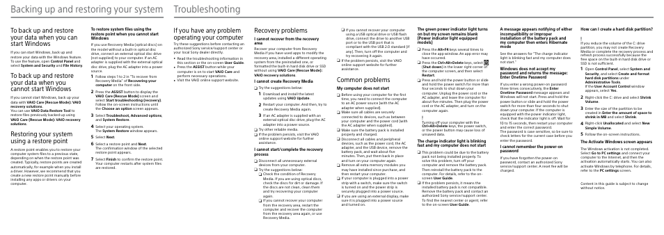 Backing up and restoring your system, Troubleshooting, Common problems | Restoring your system using a restore point, Recovery problems, If you have any problem operating your computer | Sony SVD13223CXB User Manual | Page 2 / 2