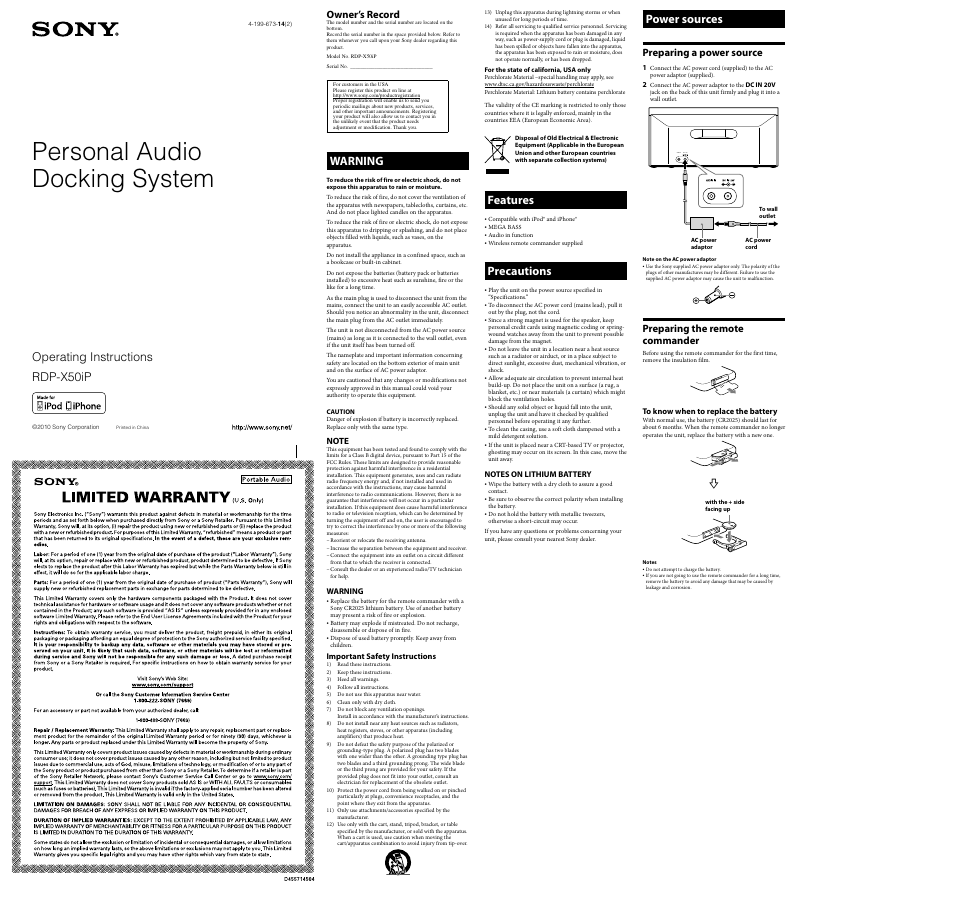 Sony RDP-X50iP User Manual | 2 pages