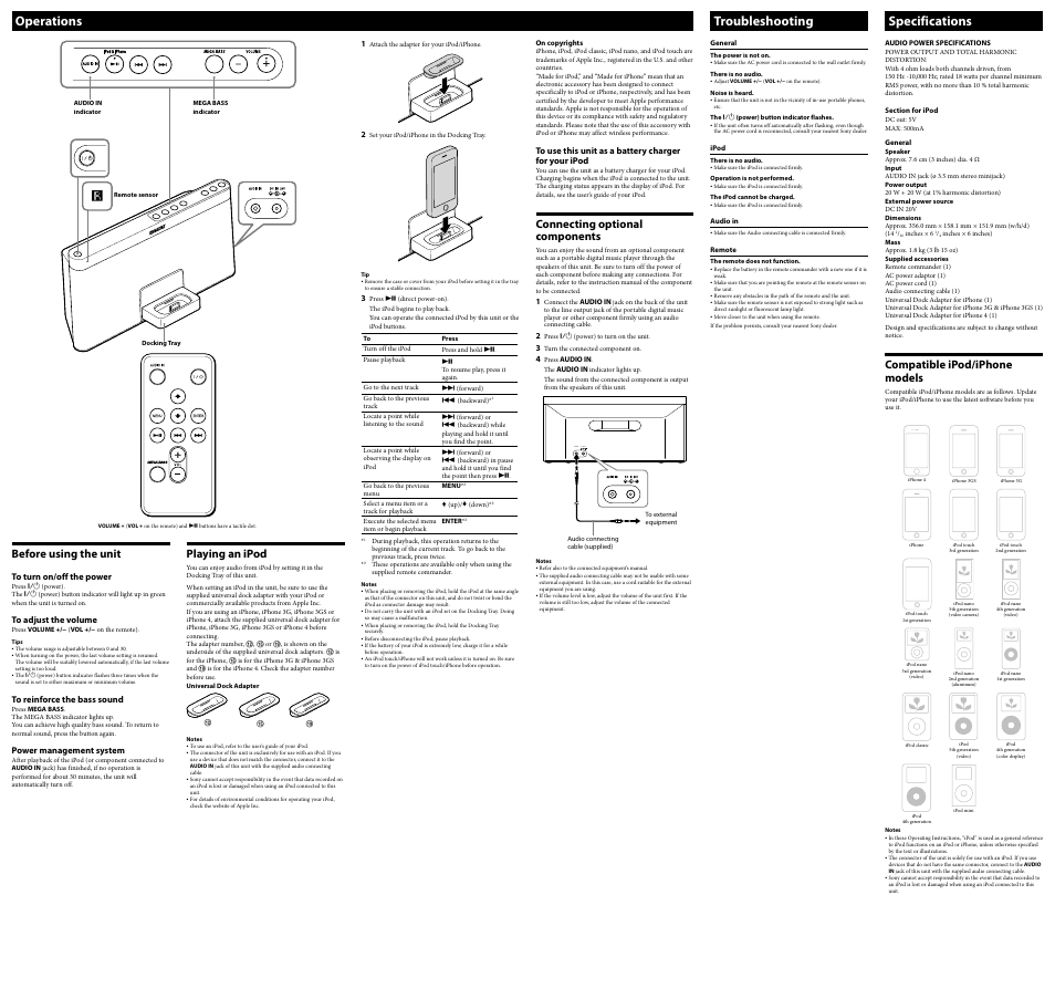 Audio in dc in 20v, Operations, Troubleshooting | Specifications, Before using the unit, Connecting optional components, Playing an ipod, Compatible ipod/iphone models | Sony RDP-X50iP User Manual | Page 2 / 2