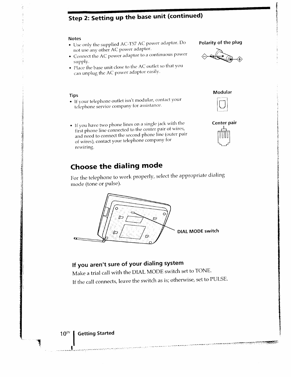 Step 2: setting up the base unit (continued), Choose the dialing mode, If you aren't sure of your dialing system | Sony SPP-ID910 User Manual | Page 10 / 31