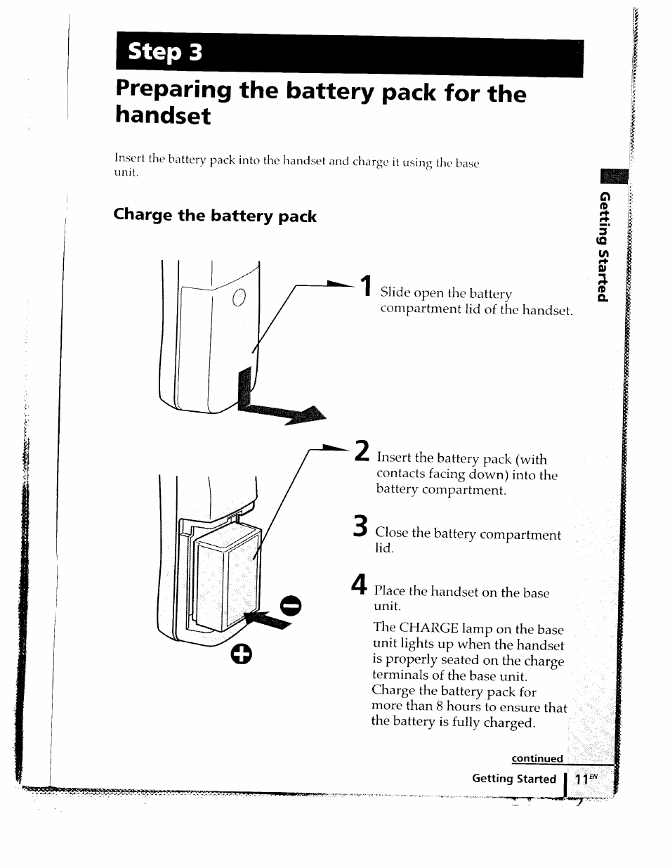 Preparing the battery pack for the handset, Charge the battery pack, Step 3 | Sony SPP-ID910 User Manual | Page 11 / 31