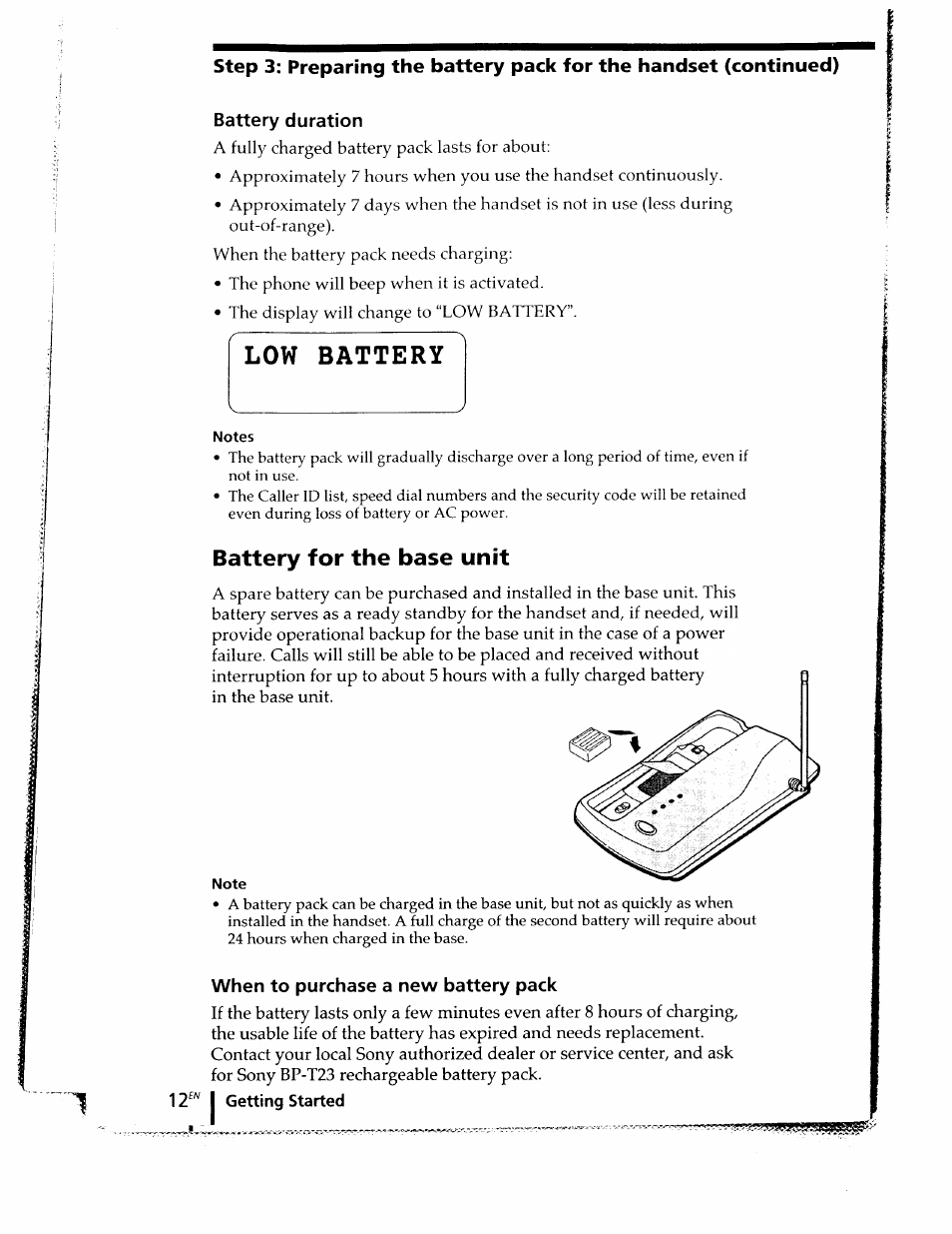 Battery duration, Battery for the base unit, When to purchase a new battery pack | Low battery | Sony SPP-ID910 User Manual | Page 12 / 31