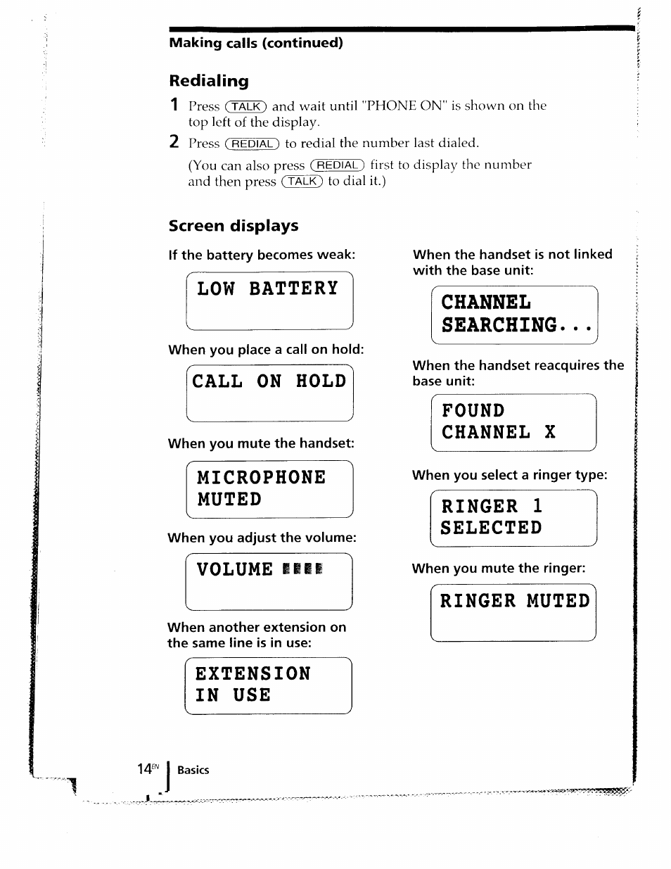 Making calls (continued), Redialing, Screen displays | Low battery, Microphone muted, Extension in use, Ringer muted, Call on hold, Volume lili, Channel searching | Sony SPP-ID910 User Manual | Page 14 / 31